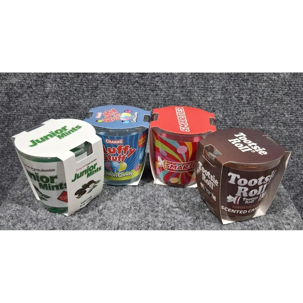 4pc Candy Scented Candle Set Junior Mints Smarties Tootsie Roll Fluffy Stuff 3oz